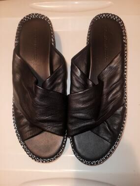 Sigerson Morrison Women 10 Hana Platform Slides Sandal Black Leather Woven Wedge
